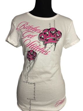 Y2k grunge goth rare 2000s Hustler Hollywood “B1TCHES GET STITCHES” Women's top